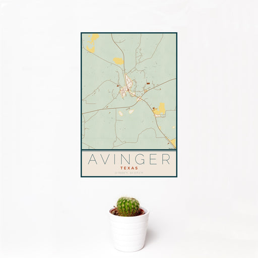 12x18 Avinger Texas Map Print Portrait Orientation in Woodblock Style With Small Cactus Plant in White Planter