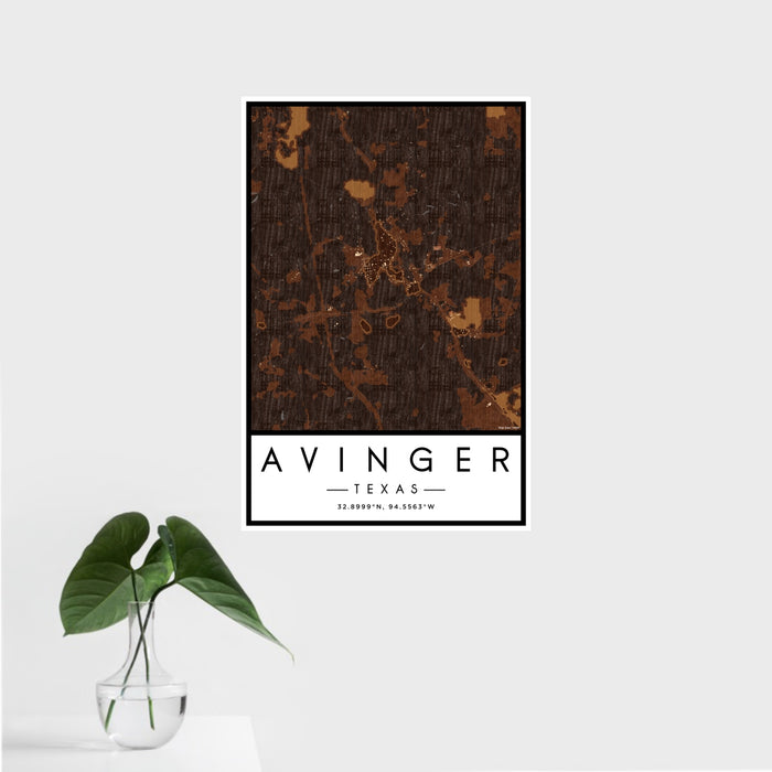 16x24 Avinger Texas Map Print Portrait Orientation in Ember Style With Tropical Plant Leaves in Water