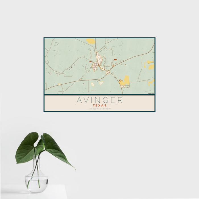 16x24 Avinger Texas Map Print Landscape Orientation in Woodblock Style With Tropical Plant Leaves in Water