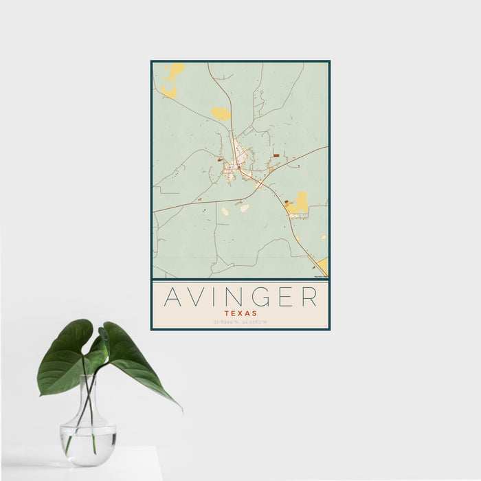 16x24 Avinger Texas Map Print Portrait Orientation in Woodblock Style With Tropical Plant Leaves in Water