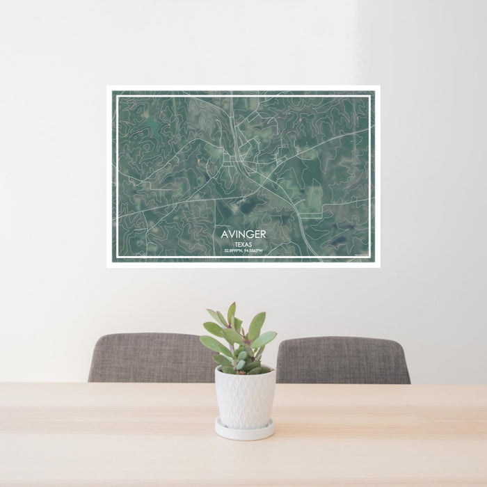 24x36 Avinger Texas Map Print Lanscape Orientation in Afternoon Style Behind 2 Chairs Table and Potted Plant