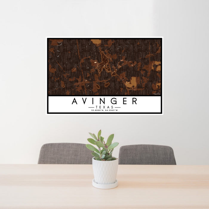 24x36 Avinger Texas Map Print Lanscape Orientation in Ember Style Behind 2 Chairs Table and Potted Plant
