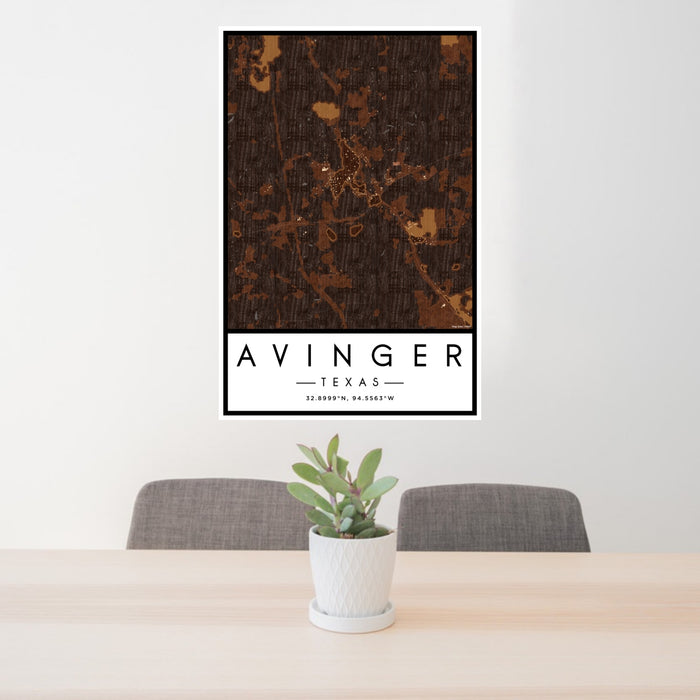 24x36 Avinger Texas Map Print Portrait Orientation in Ember Style Behind 2 Chairs Table and Potted Plant