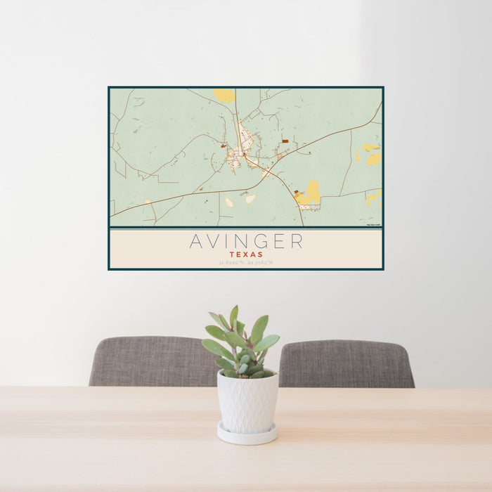 24x36 Avinger Texas Map Print Lanscape Orientation in Woodblock Style Behind 2 Chairs Table and Potted Plant