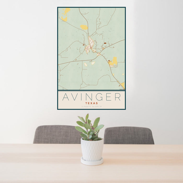 24x36 Avinger Texas Map Print Portrait Orientation in Woodblock Style Behind 2 Chairs Table and Potted Plant