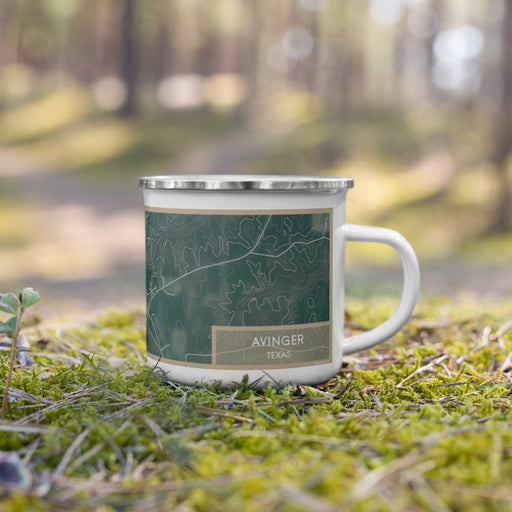 Right View Custom Avinger Texas Map Enamel Mug in Afternoon on Grass With Trees in Background