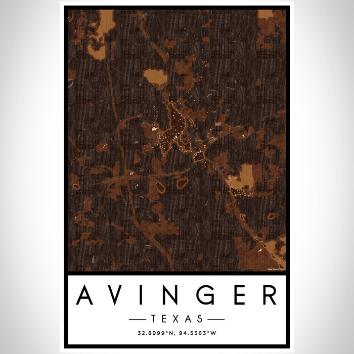 Avinger Texas Map Print Portrait Orientation in Ember Style With Shaded Background