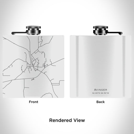 Rendered View of Avinger Texas Map Engraving on 6oz Stainless Steel Flask in White