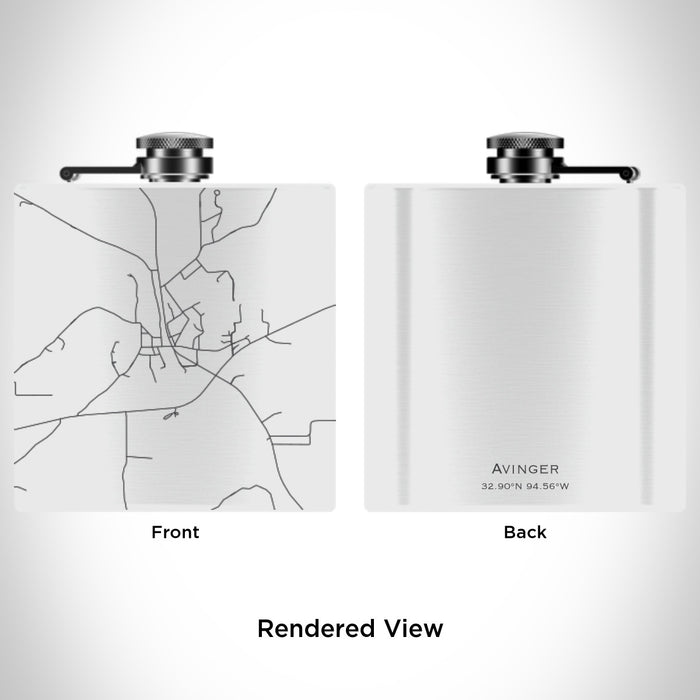 Rendered View of Avinger Texas Map Engraving on 6oz Stainless Steel Flask in White