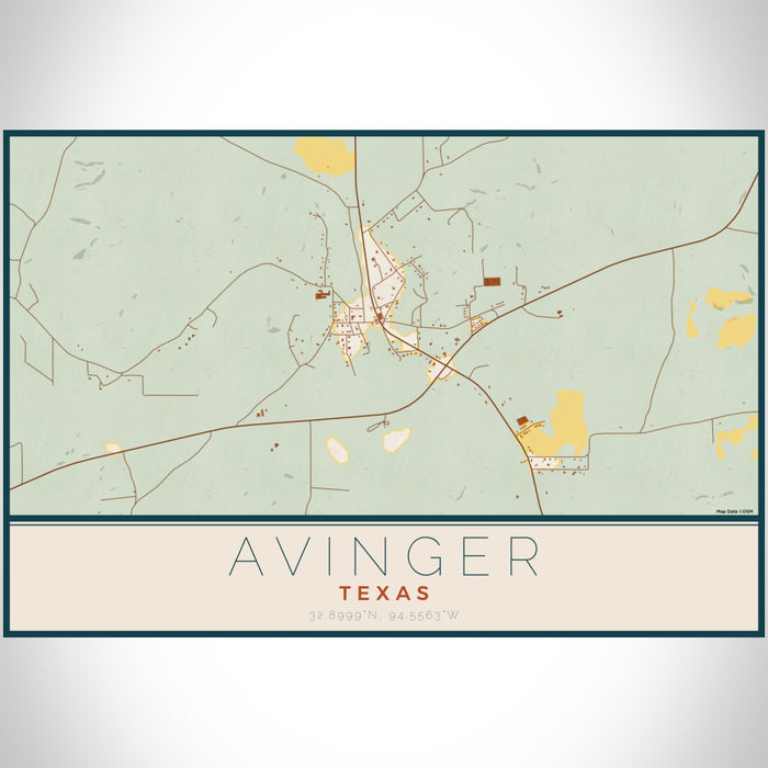 Avinger Texas Map Print Landscape Orientation in Woodblock Style With Shaded Background