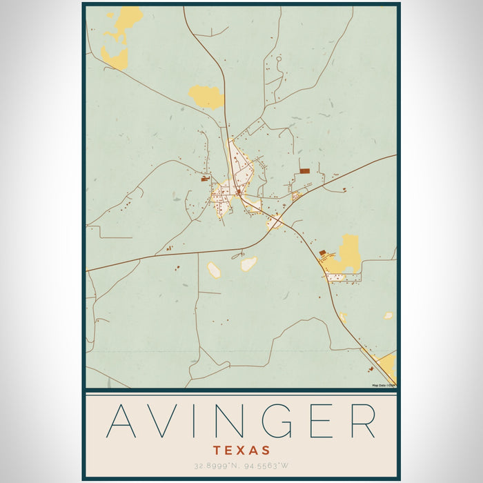 Avinger Texas Map Print Portrait Orientation in Woodblock Style With Shaded Background