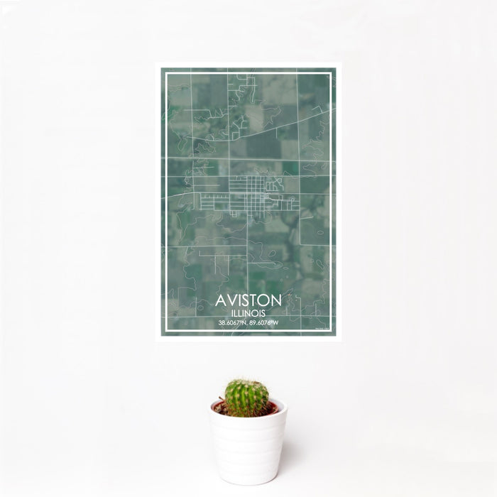 12x18 Aviston Illinois Map Print Portrait Orientation in Afternoon Style With Small Cactus Plant in White Planter