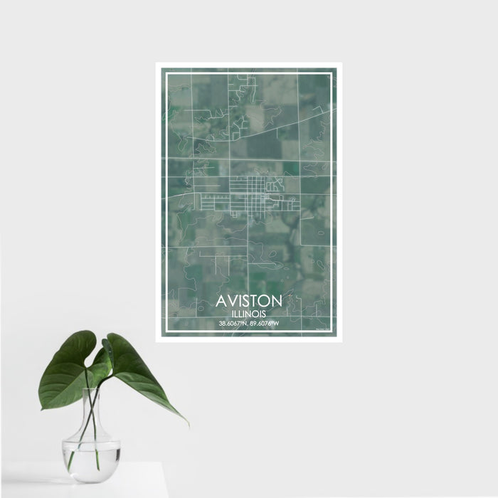16x24 Aviston Illinois Map Print Portrait Orientation in Afternoon Style With Tropical Plant Leaves in Water