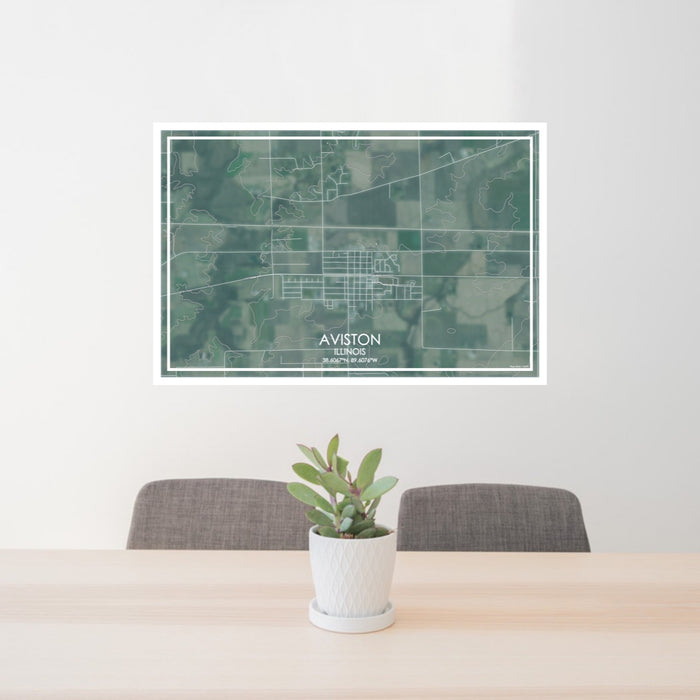 24x36 Aviston Illinois Map Print Lanscape Orientation in Afternoon Style Behind 2 Chairs Table and Potted Plant