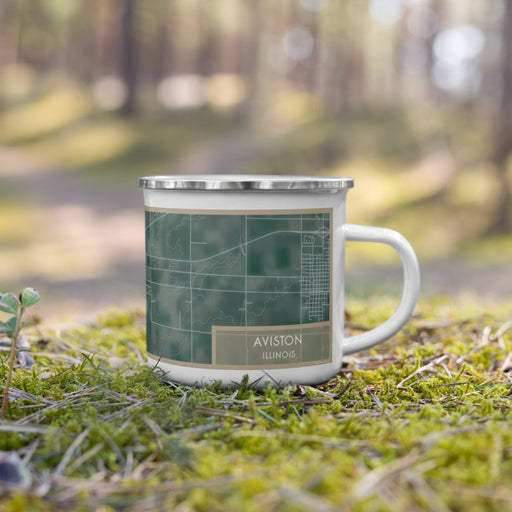 Right View Custom Aviston Illinois Map Enamel Mug in Afternoon on Grass With Trees in Background
