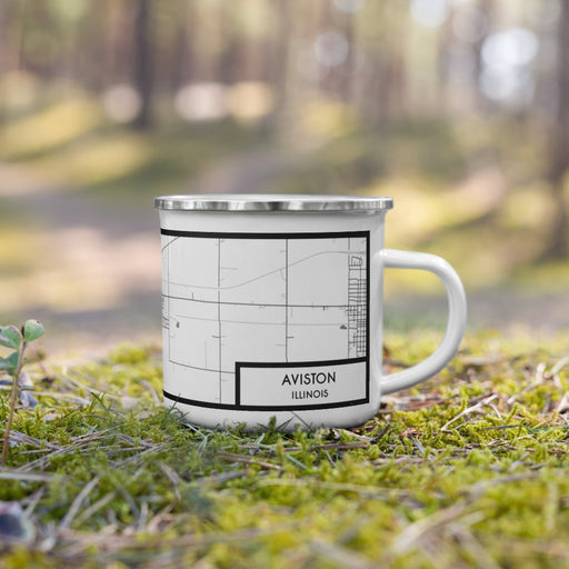 Right View Custom Aviston Illinois Map Enamel Mug in Classic on Grass With Trees in Background