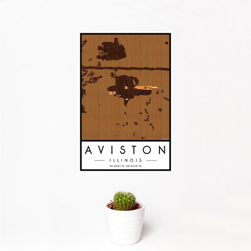 12x18 Aviston Illinois Map Print Portrait Orientation in Ember Style With Small Cactus Plant in White Planter