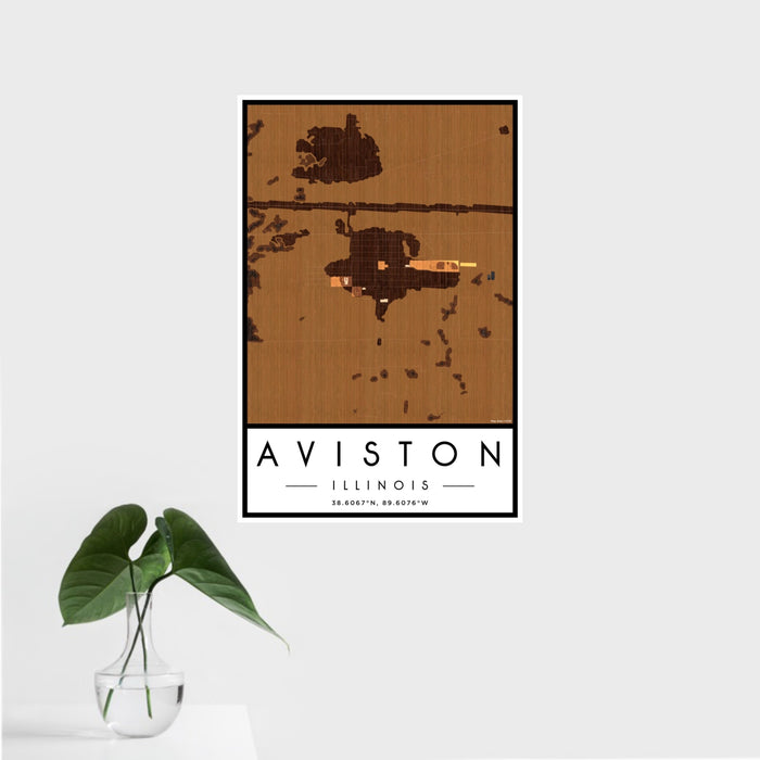 16x24 Aviston Illinois Map Print Portrait Orientation in Ember Style With Tropical Plant Leaves in Water