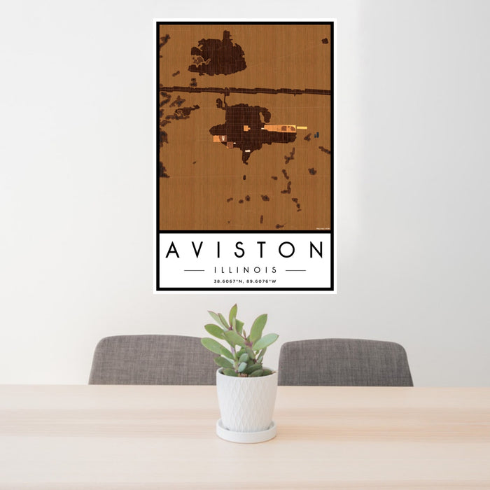 24x36 Aviston Illinois Map Print Portrait Orientation in Ember Style Behind 2 Chairs Table and Potted Plant