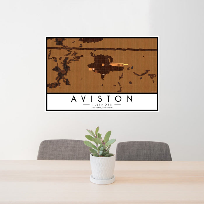 24x36 Aviston Illinois Map Print Landscape Orientation in Ember Style Behind 2 Chairs Table and Potted Plant