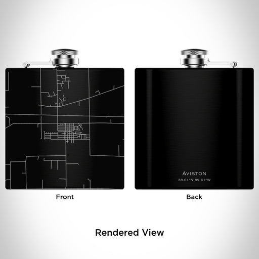 Rendered View of Aviston Illinois Map Engraving on 6oz Stainless Steel Flask in Black
