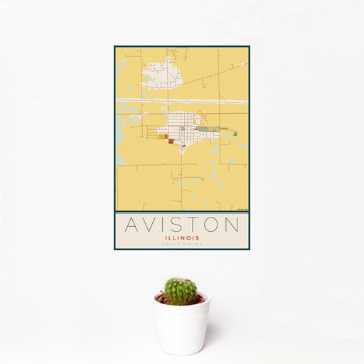 12x18 Aviston Illinois Map Print Portrait Orientation in Woodblock Style With Small Cactus Plant in White Planter