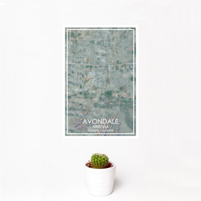 12x18 Avondale Arizona Map Print Portrait Orientation in Afternoon Style With Small Cactus Plant in White Planter