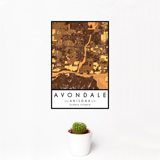 12x18 Avondale Arizona Map Print Portrait Orientation in Ember Style With Small Cactus Plant in White Planter