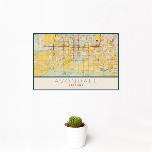 12x18 Avondale Arizona Map Print Landscape Orientation in Woodblock Style With Small Cactus Plant in White Planter