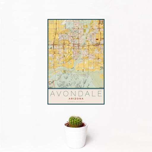 12x18 Avondale Arizona Map Print Portrait Orientation in Woodblock Style With Small Cactus Plant in White Planter
