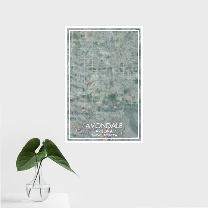 16x24 Avondale Arizona Map Print Portrait Orientation in Afternoon Style With Tropical Plant Leaves in Water