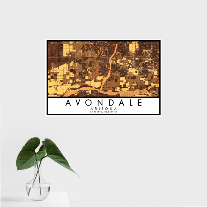 16x24 Avondale Arizona Map Print Landscape Orientation in Ember Style With Tropical Plant Leaves in Water