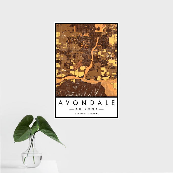 16x24 Avondale Arizona Map Print Portrait Orientation in Ember Style With Tropical Plant Leaves in Water