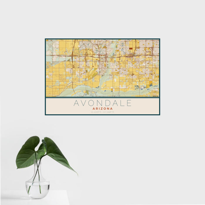 16x24 Avondale Arizona Map Print Landscape Orientation in Woodblock Style With Tropical Plant Leaves in Water