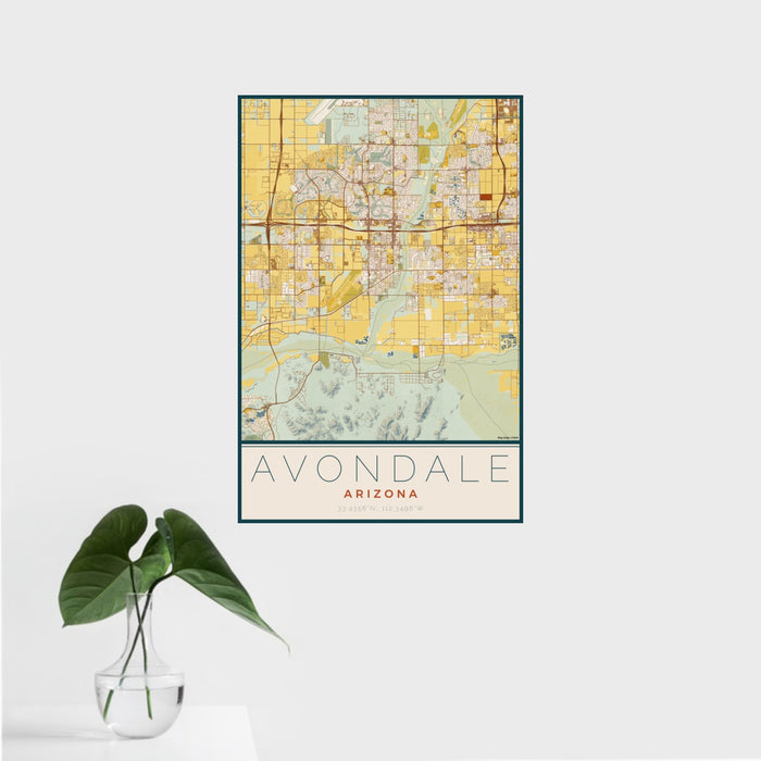 16x24 Avondale Arizona Map Print Portrait Orientation in Woodblock Style With Tropical Plant Leaves in Water