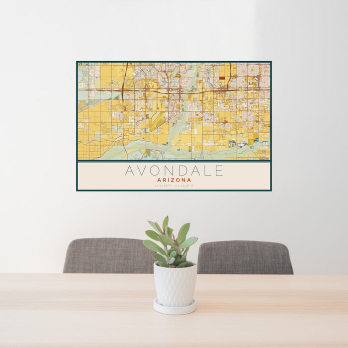 24x36 Avondale Arizona Map Print Lanscape Orientation in Woodblock Style Behind 2 Chairs Table and Potted Plant