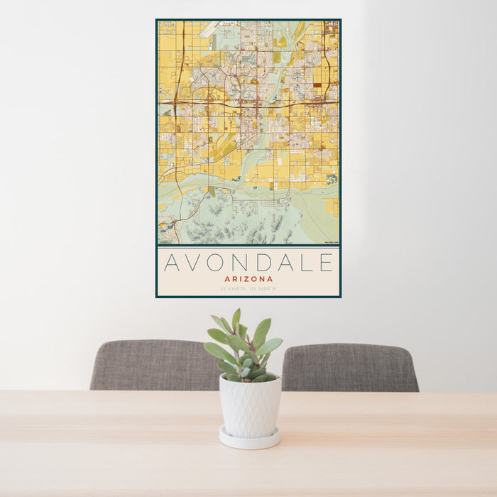 24x36 Avondale Arizona Map Print Portrait Orientation in Woodblock Style Behind 2 Chairs Table and Potted Plant