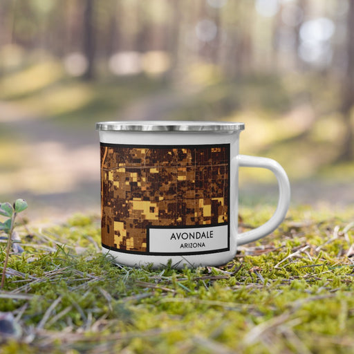 Right View Custom Avondale Arizona Map Enamel Mug in Ember on Grass With Trees in Background