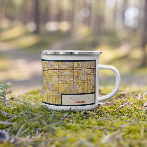 Right View Custom Avondale Arizona Map Enamel Mug in Woodblock on Grass With Trees in Background