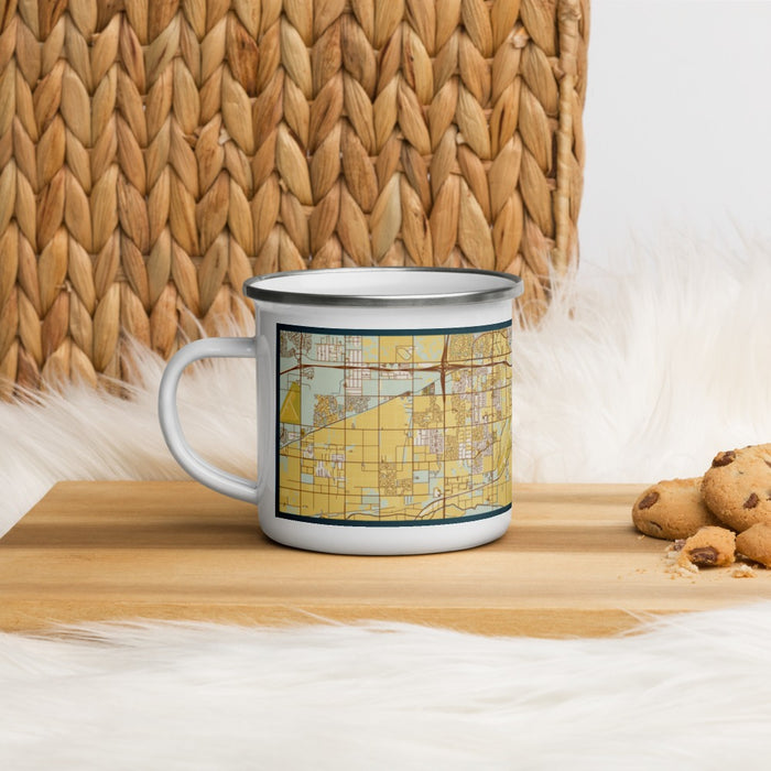Left View Custom Avondale Arizona Map Enamel Mug in Woodblock on Table Top