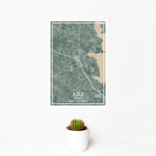 12x18 Azle Texas Map Print Portrait Orientation in Afternoon Style With Small Cactus Plant in White Planter