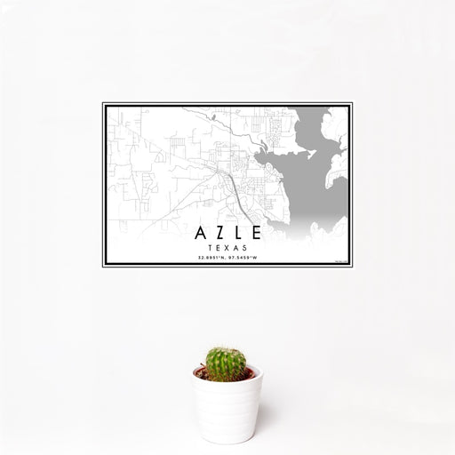 12x18 Azle Texas Map Print Landscape Orientation in Classic Style With Small Cactus Plant in White Planter