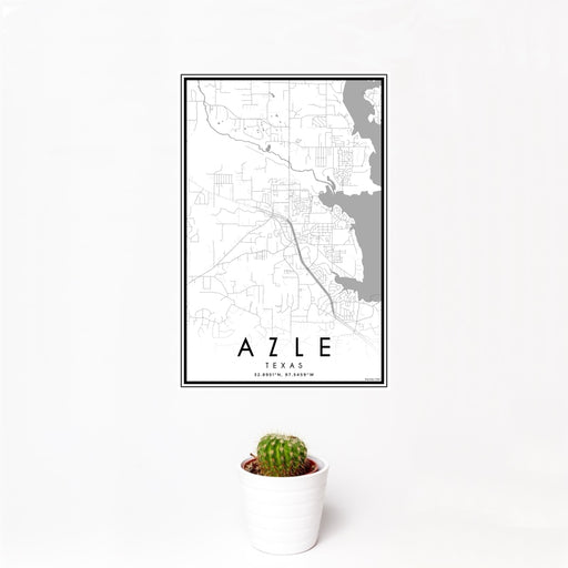 12x18 Azle Texas Map Print Portrait Orientation in Classic Style With Small Cactus Plant in White Planter
