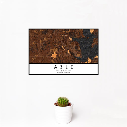 12x18 Azle Texas Map Print Landscape Orientation in Ember Style With Small Cactus Plant in White Planter