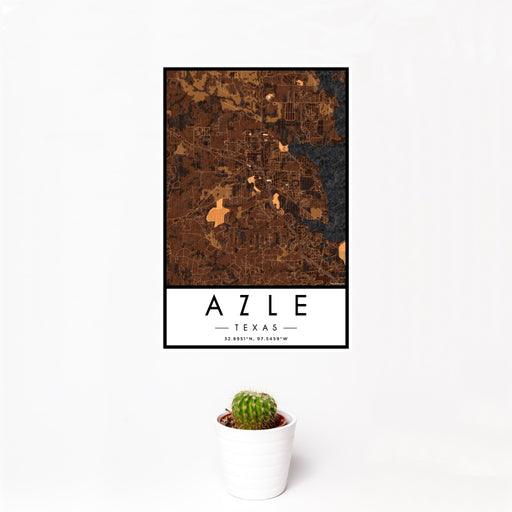 12x18 Azle Texas Map Print Portrait Orientation in Ember Style With Small Cactus Plant in White Planter