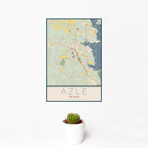 12x18 Azle Texas Map Print Portrait Orientation in Woodblock Style With Small Cactus Plant in White Planter