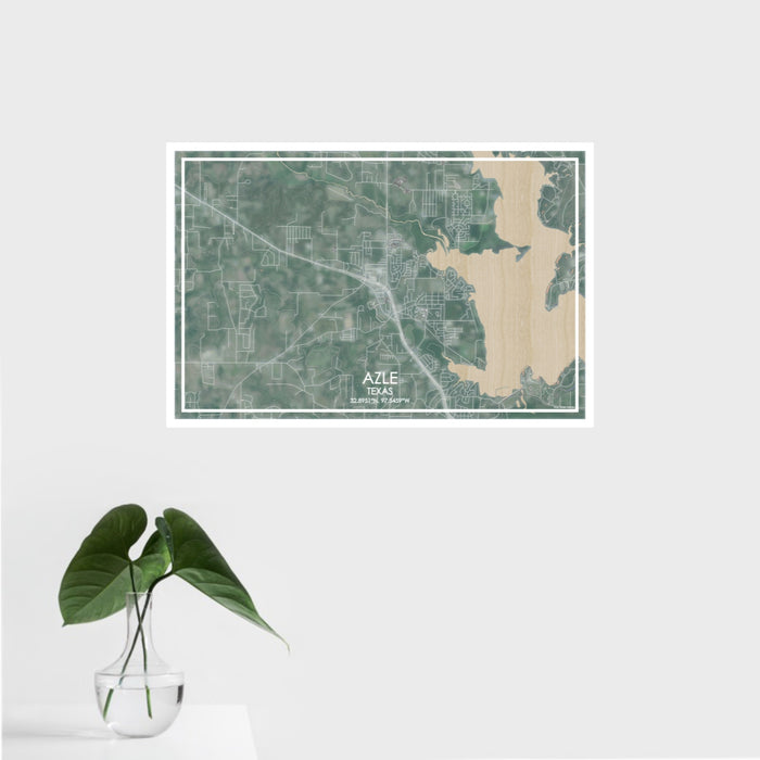 16x24 Azle Texas Map Print Landscape Orientation in Afternoon Style With Tropical Plant Leaves in Water
