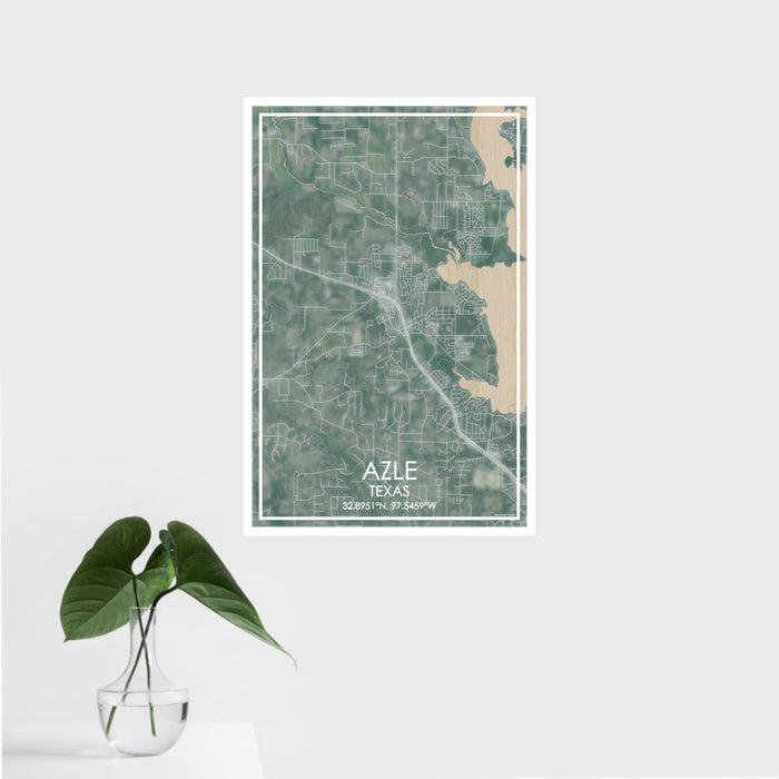 16x24 Azle Texas Map Print Portrait Orientation in Afternoon Style With Tropical Plant Leaves in Water