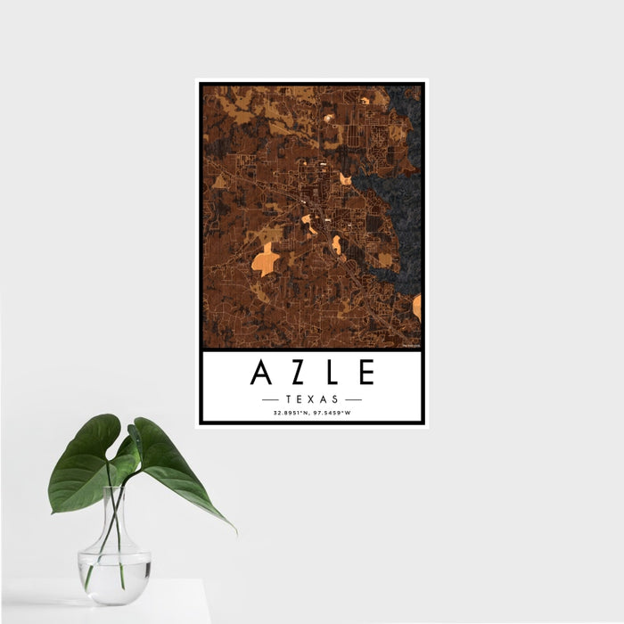 16x24 Azle Texas Map Print Portrait Orientation in Ember Style With Tropical Plant Leaves in Water