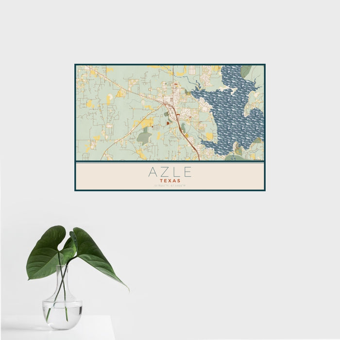 16x24 Azle Texas Map Print Landscape Orientation in Woodblock Style With Tropical Plant Leaves in Water